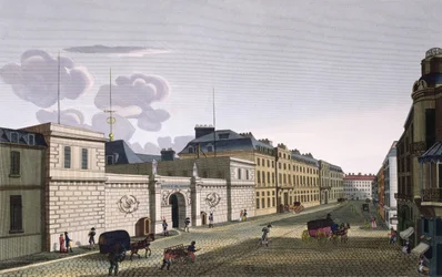 La Banca di Francia da Rue Croix-Petits-Champs, inciso da Eugene Dubois, 1800